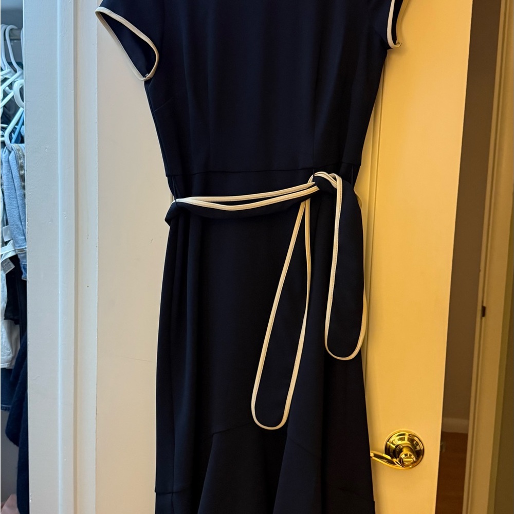 Elegant Navy Blue Dress with White Trim
